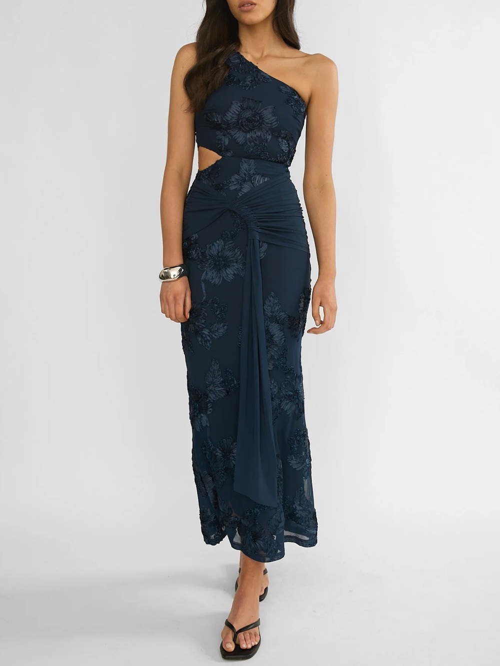 Saints & Secrets One-Shoulder Cut-Out Maxi Wedding Guest Dress Navy